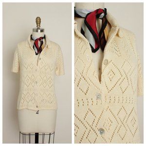 Vintage Pointelle Button Sweater Cardigan Short sleeve in cream Size S - M
